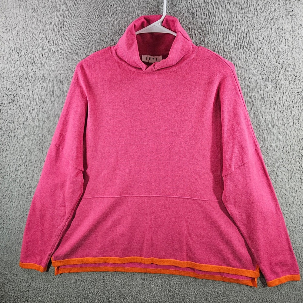 THML Womens Pink Orange Trim Turtleneck Sweater Oversized TMK1679-PK Medium